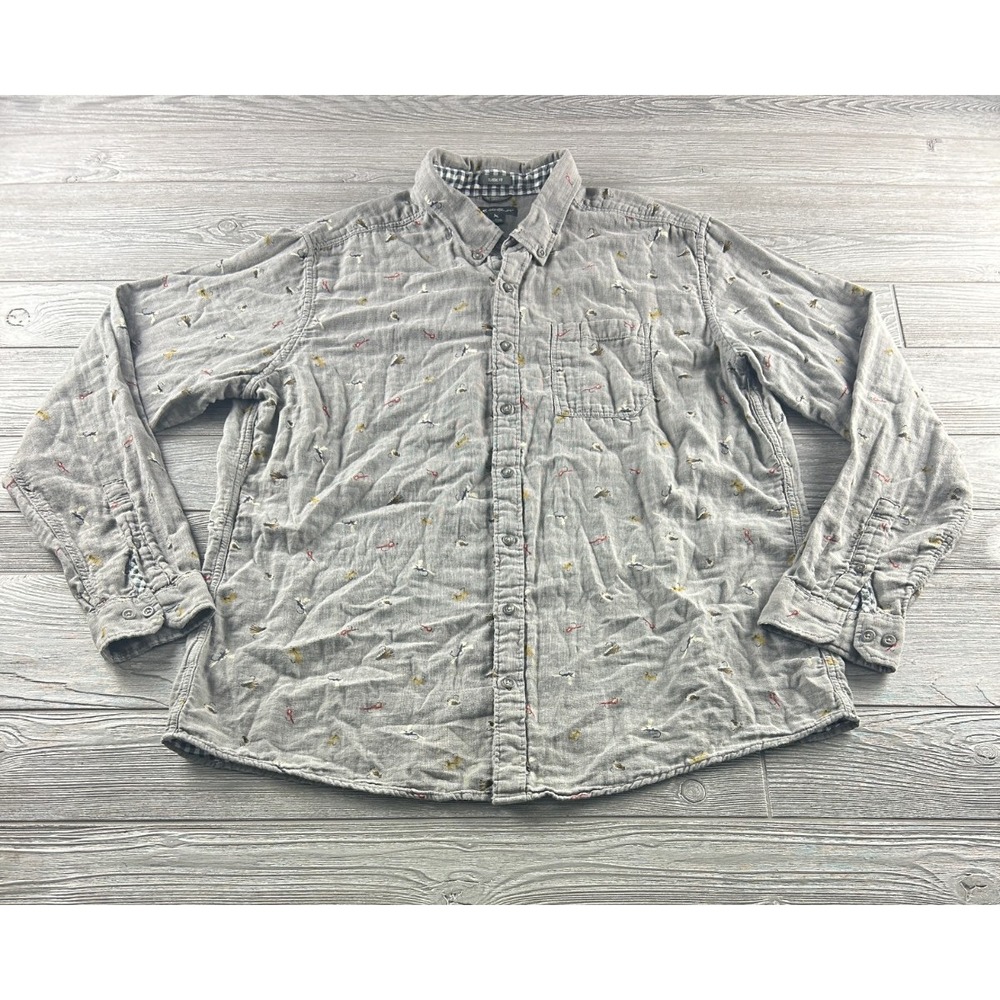 Eddie Bauer Mens T2XL Classic Fit Gray Fly Fishing Print Button Up Shirt L/S